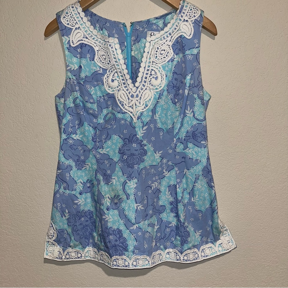 Lilly Pulitzer Blue Floral Cotton  Sleeveless Blouse Top White Embroidery Sz 6